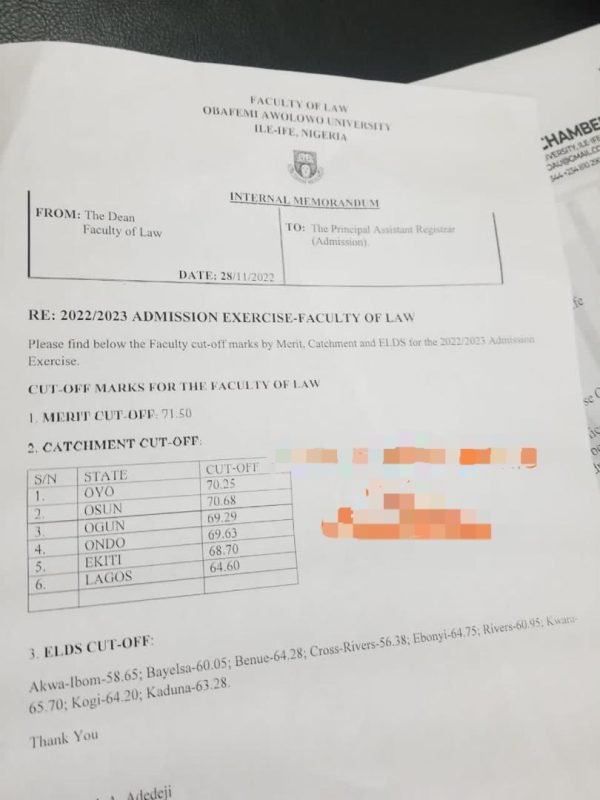 OAU Departmental Aggregate Cutoff Marks For 2022/2023 Session ...