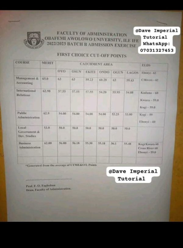 OAU 2022/2023 Departmental Cutoff Marks For Batch B Set - Admisson ...