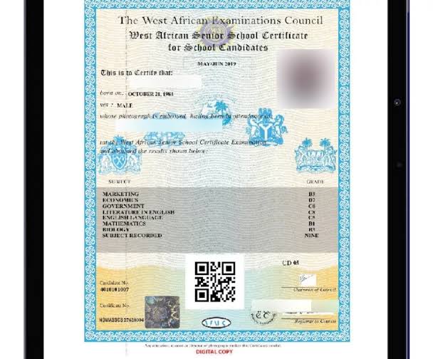 WAEC Digital Certificate Sample
