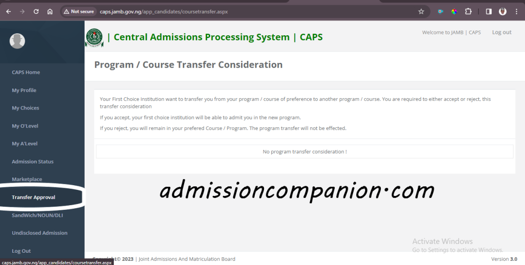 JAMB Transfer Approval Page
